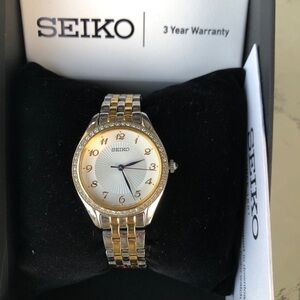 Seiko Essentials Women's Rose Gold Crystal Watch – White Dial SUR396